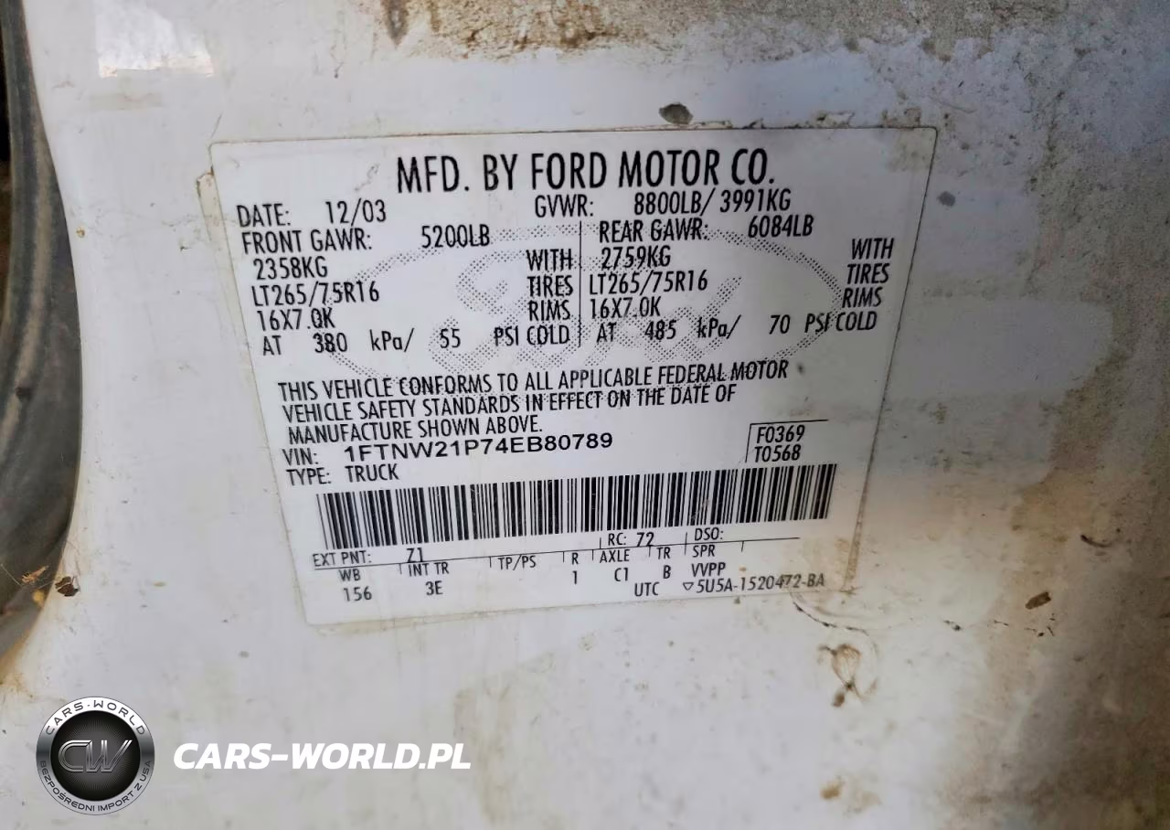2004 Ford F250 Super Duty VIN:1FTNW21P74EB80789 - 12