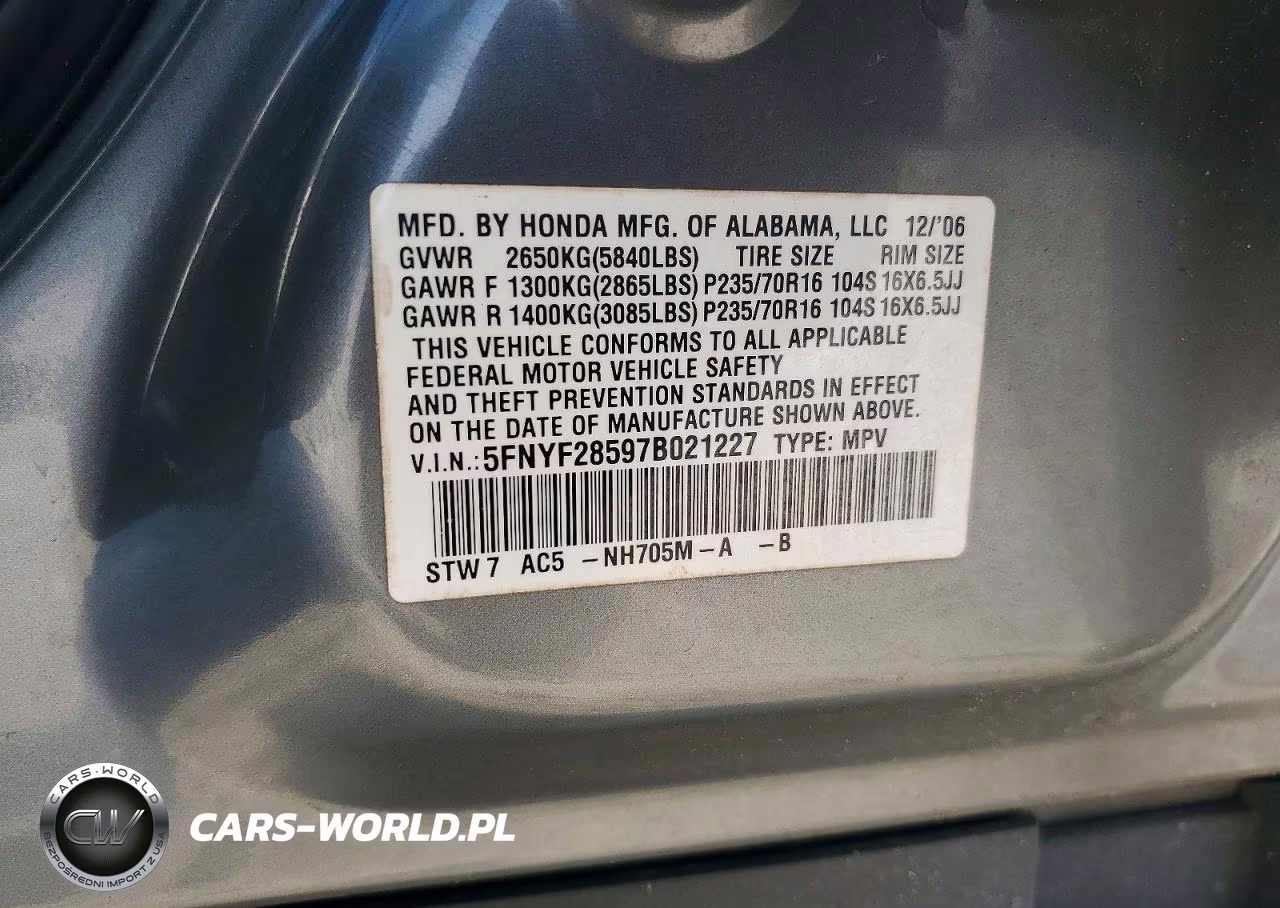 2007 Honda Pilot Exl VIN:5FNYF28597B021227 - 13
