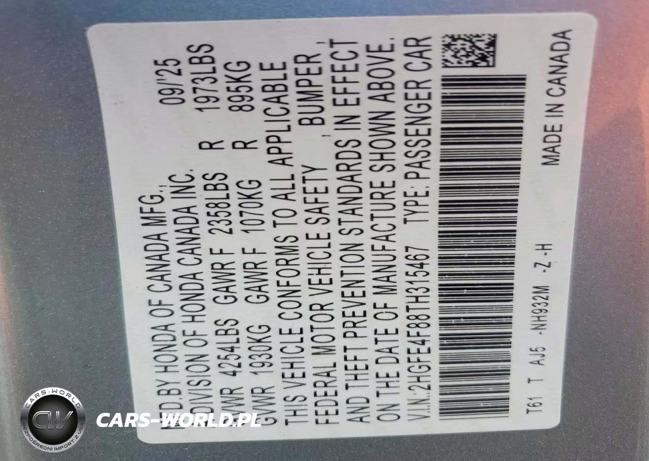 2026 Honda Civic Sport VIN:2HGFE4F88TH315467 - 12
