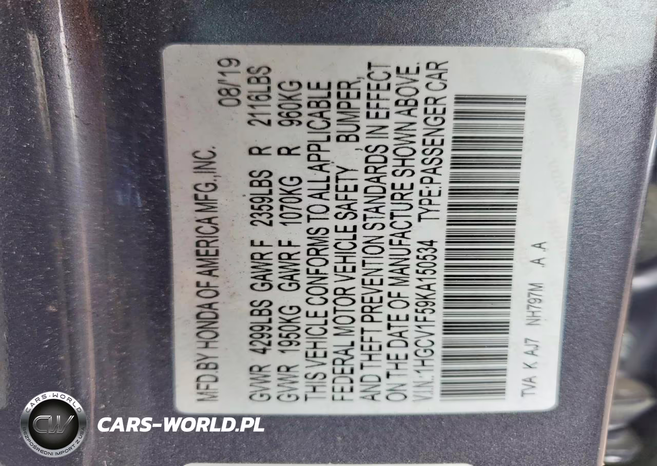 2019 Honda Accord Exl VIN:1HGCV1F59KA150534 - 12