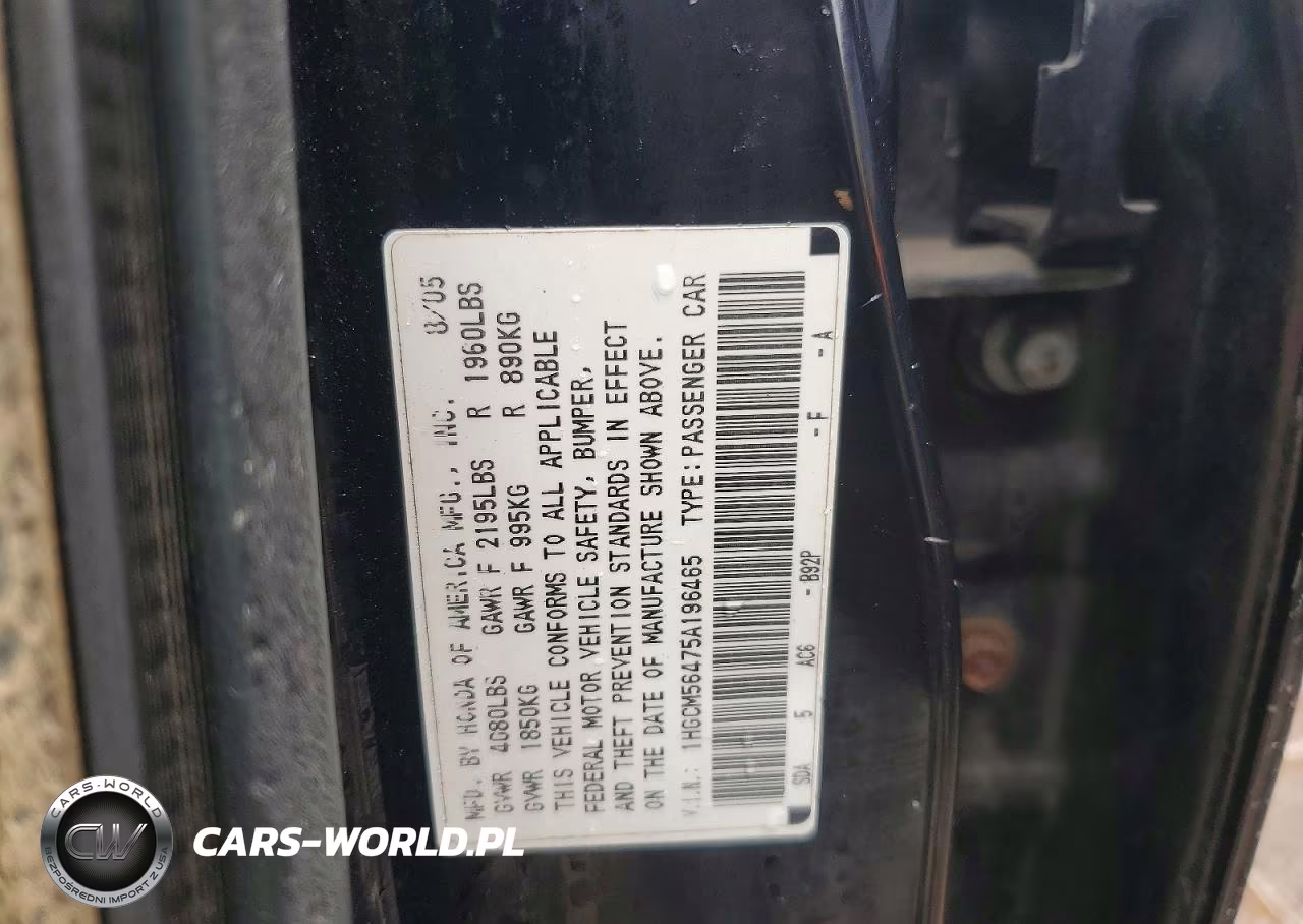 2005 Honda Accord Lx VIN:1HGCM56475A196465 - 12