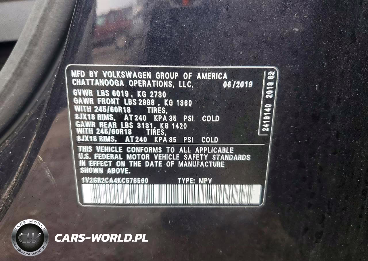 2019 Volkswagen Atlas S VIN:1V2GR2CA4KC578560 - 13