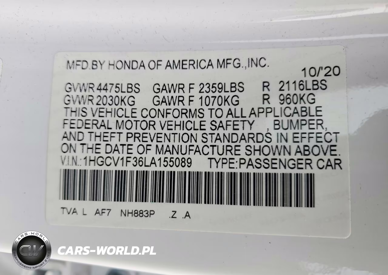 2020 Honda Accord Sport VIN:1HGCV1F36LA155089 - 12