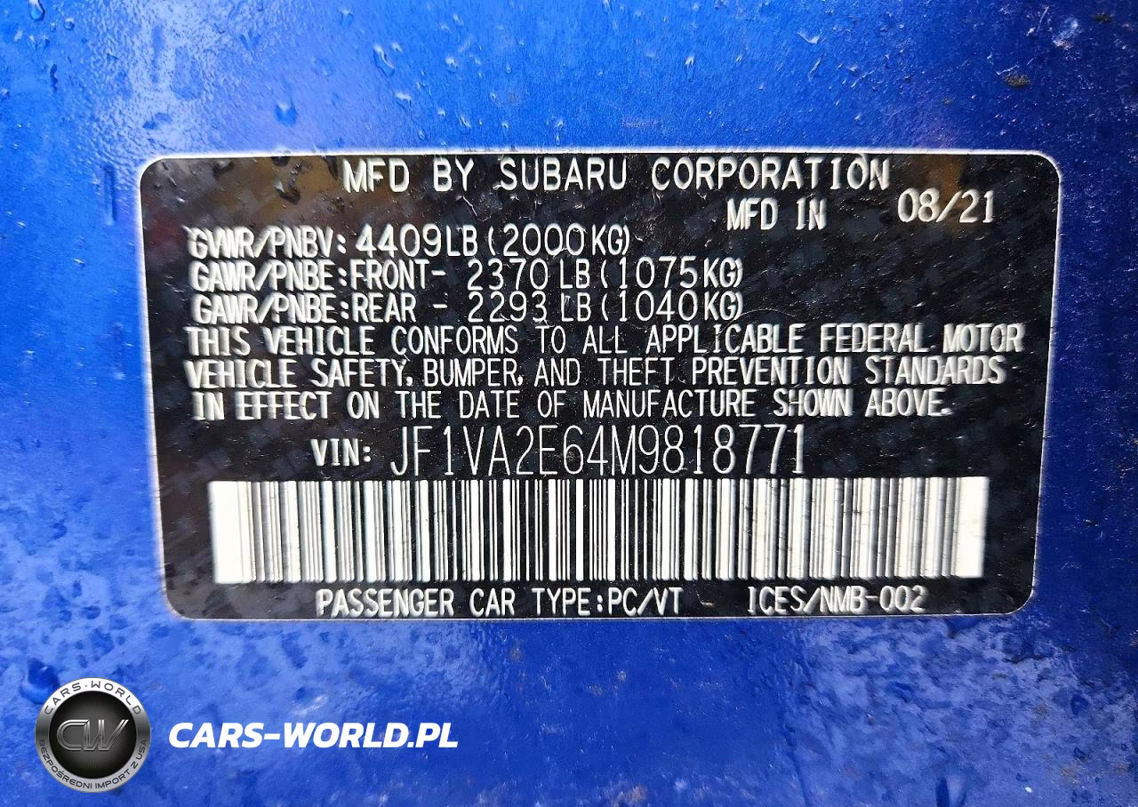 2021 Subaru Wrx Sti VIN:JF1VA2E64M9818771 - 12
