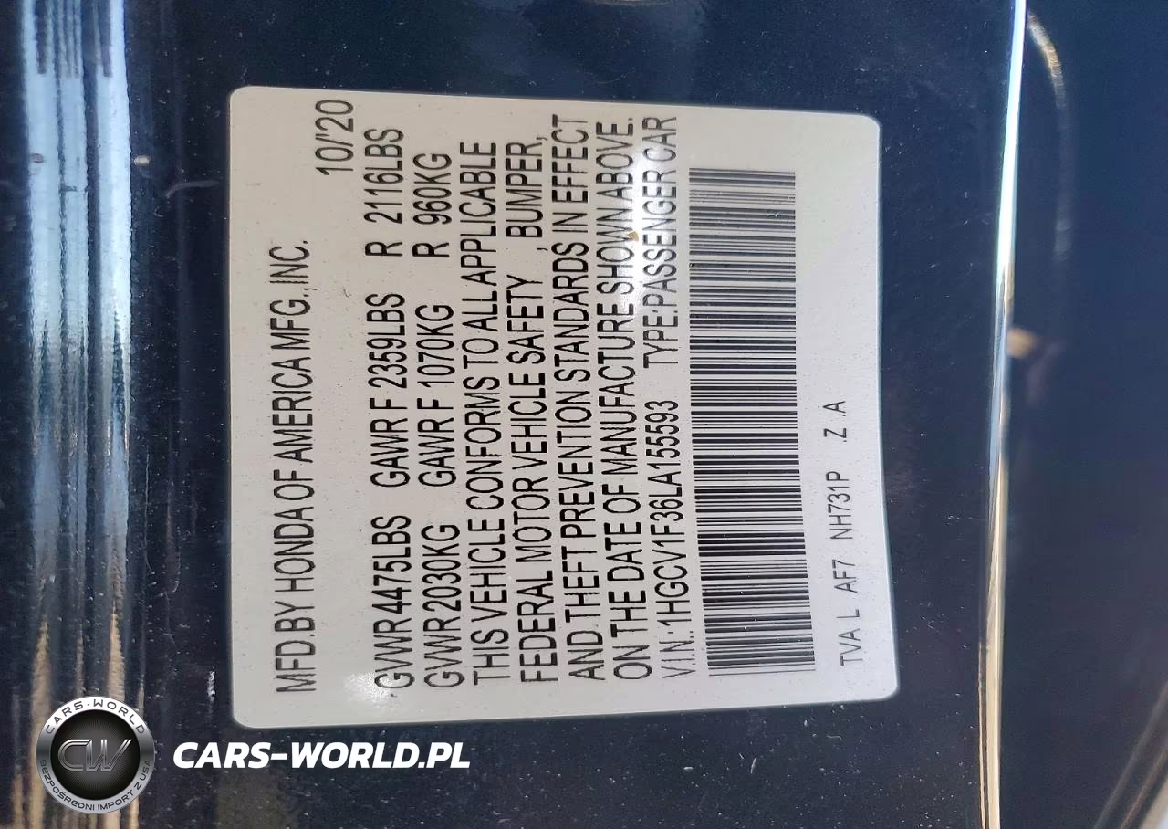 2020 Honda Accord Sport VIN:1HGCV1F36LA155593 - 12