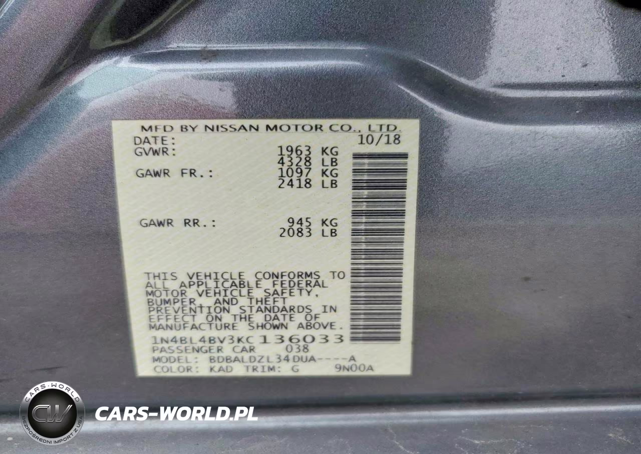 2019 Nissan Altima 2.5 S VIN:1N4BL4BV3KC136033 - 12