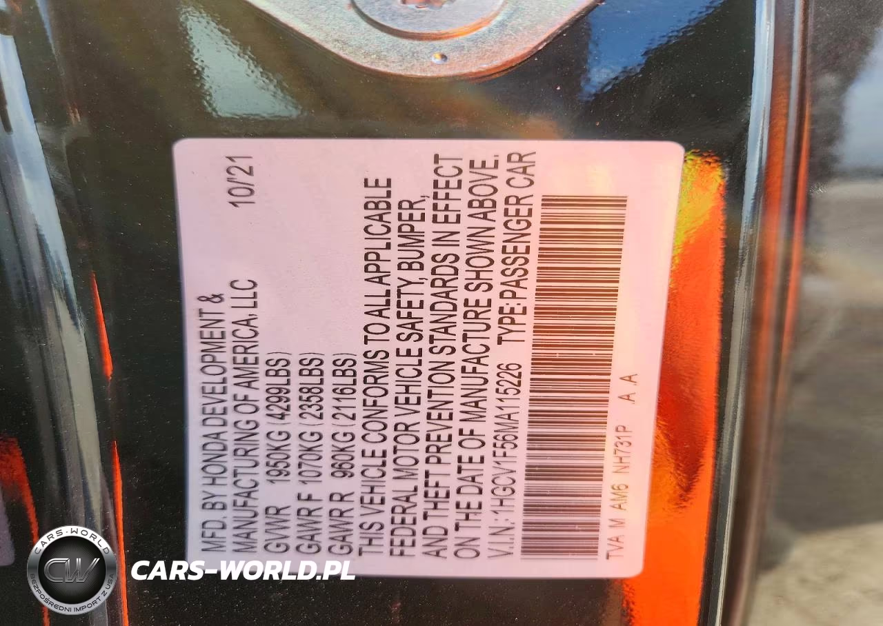 2021 Honda Accord Exl VIN:1HGCV1F56MA115226 - 12