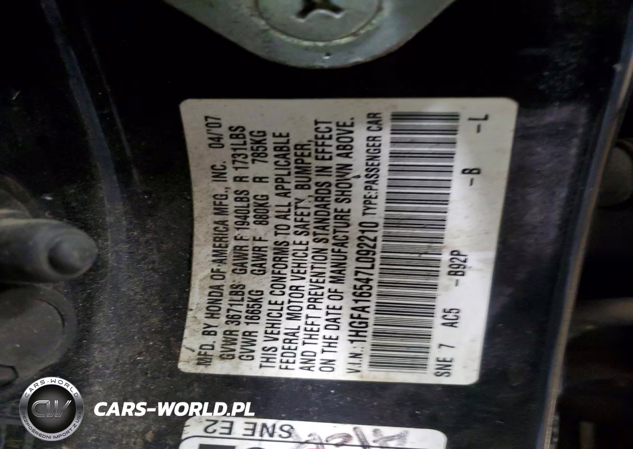 2007 Honda Civic Lx VIN:1HGFA16547L092210 - 12