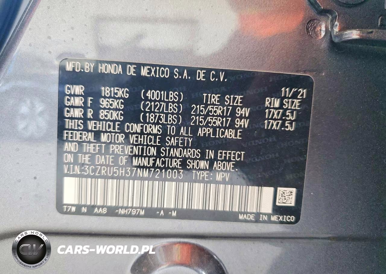 2022 Honda Hr-V Lx VIN:3CZRU5H37NM721003 - 13