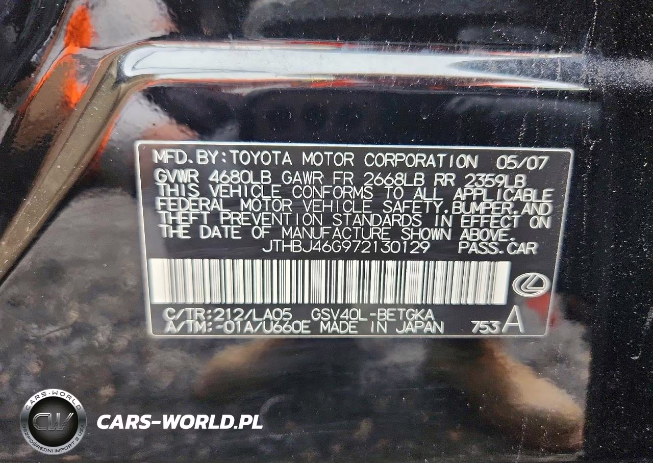 2007 Lexus Es 350 Base VIN:JTHBJ46G972130129 - 12