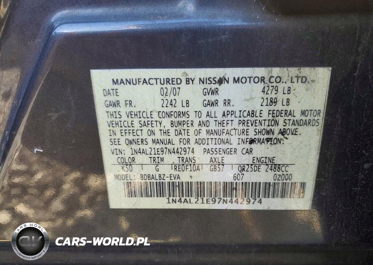 2007 Nissan Altima VIN:1N4AL21E97N442974 - 13