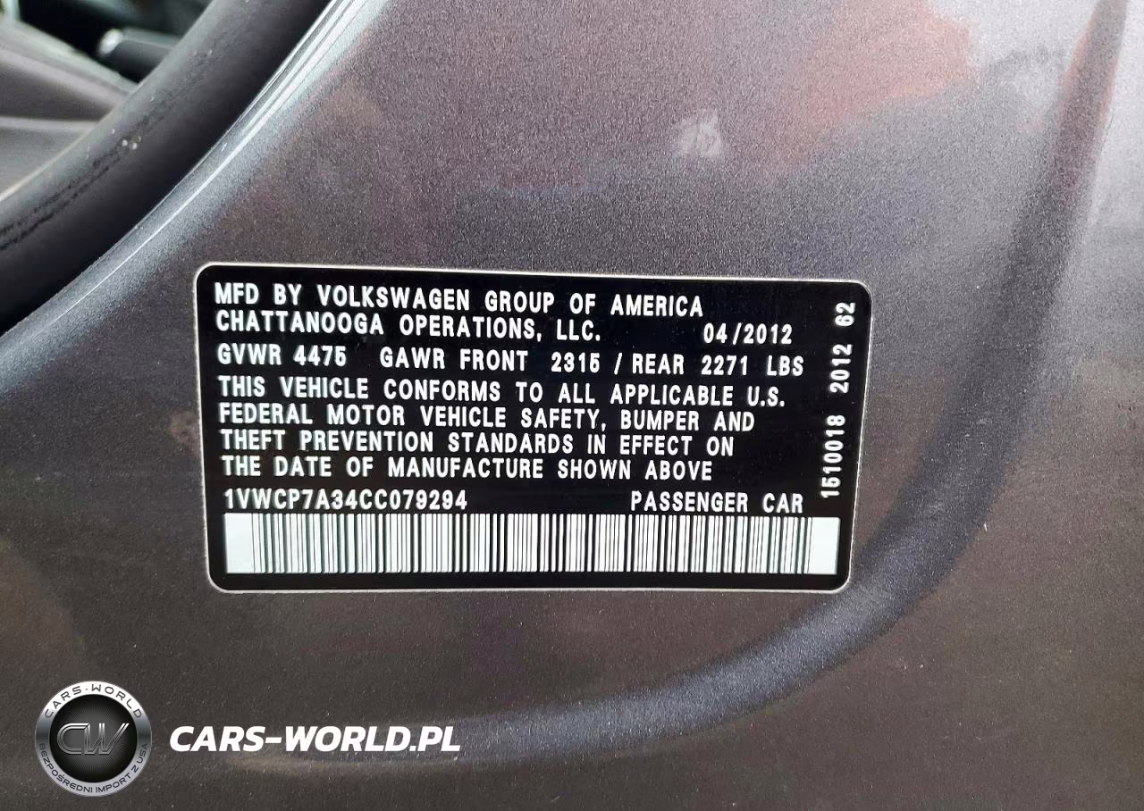 2012 Volkswagen Passat Sel VIN:1VWCP7A34CC079294 - 12
