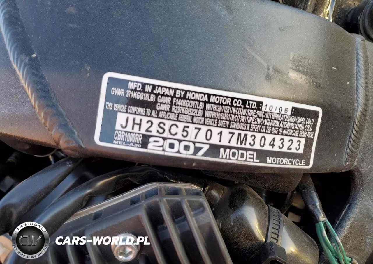 2007 Honda Cbr1000 Rr VIN:JH2SC57017M304323 - 9