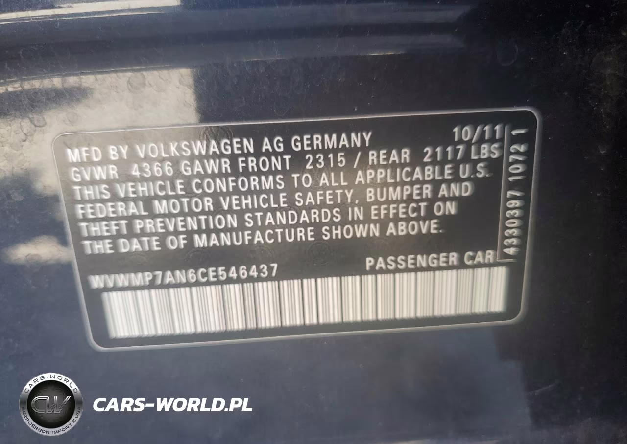 2012 Volkswagen Cc Sport VIN:WVWMP7AN6CE546437 - 12