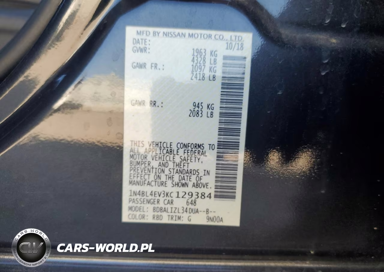 2019 Nissan Altima Sl VIN:1N4BL4EV3KC129384 - 12