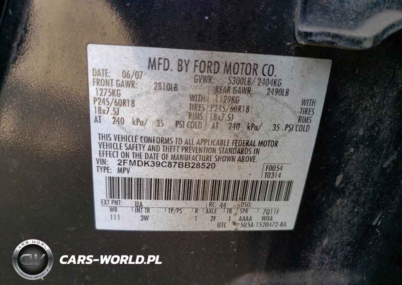 2007 Ford Edge Sel Plus VIN:2FMDK39C87BB28520 - 13