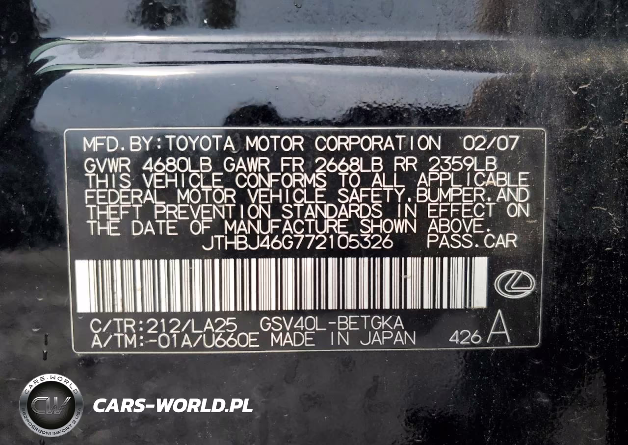 2007 Lexus Es 350 Base VIN:JTHBJ46G772105326 - 12