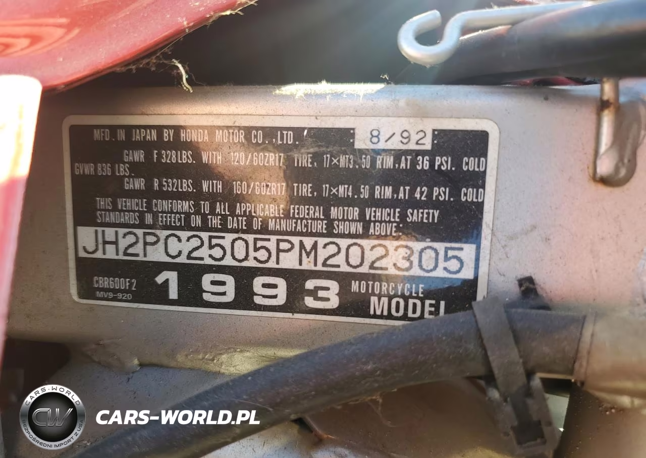 1993 Honda Cbr600 F2 VIN:JH2PC2505PM202305 - 9