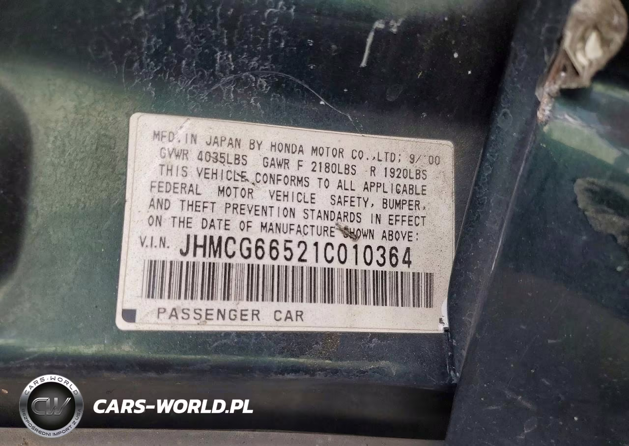 2001 Honda Accord Lx VIN:JHMCG66521C010364 - 12