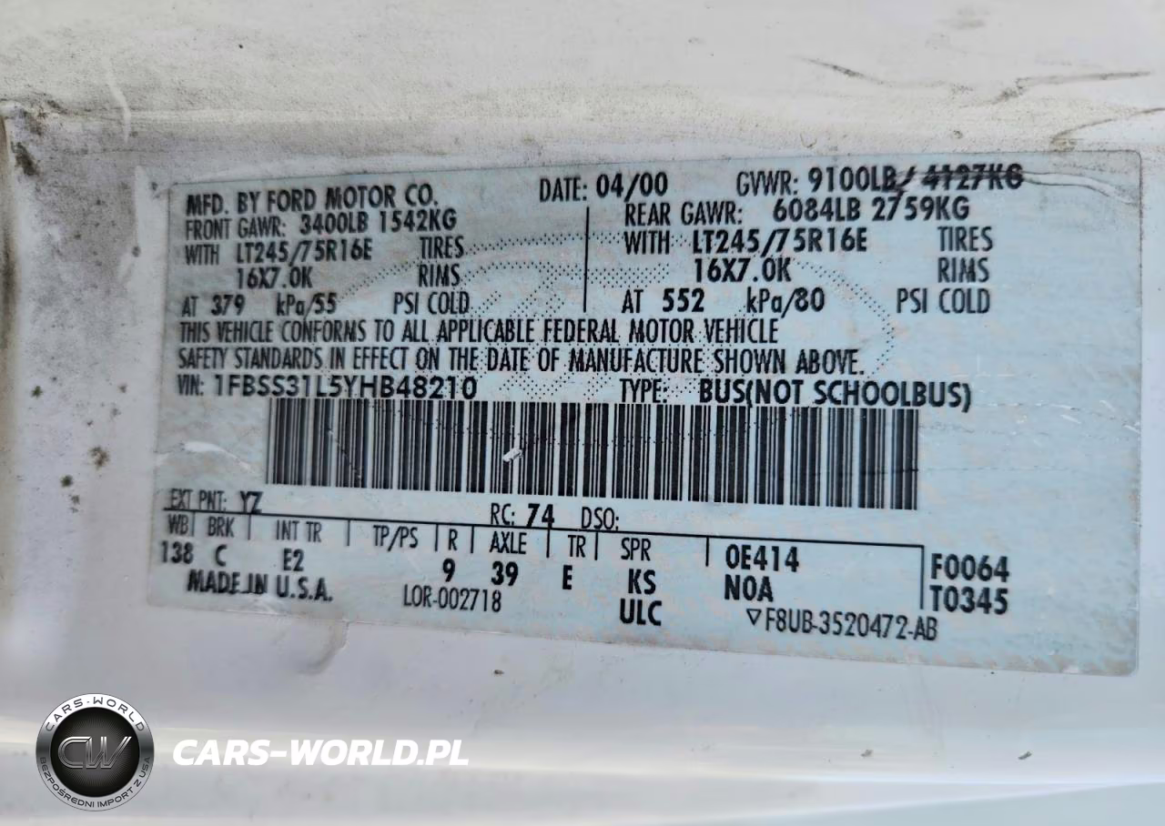 2000 Ford Econoline E350 Super Duty Wagon VIN:1FBSS31L5YHB48210 - 13