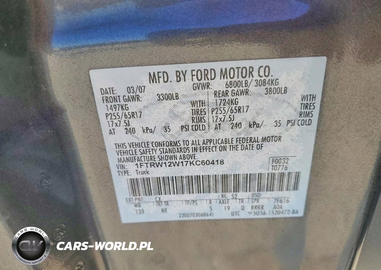 2007 Ford F150 Supercrew VIN:1FTRW12W17KC60418 - 12