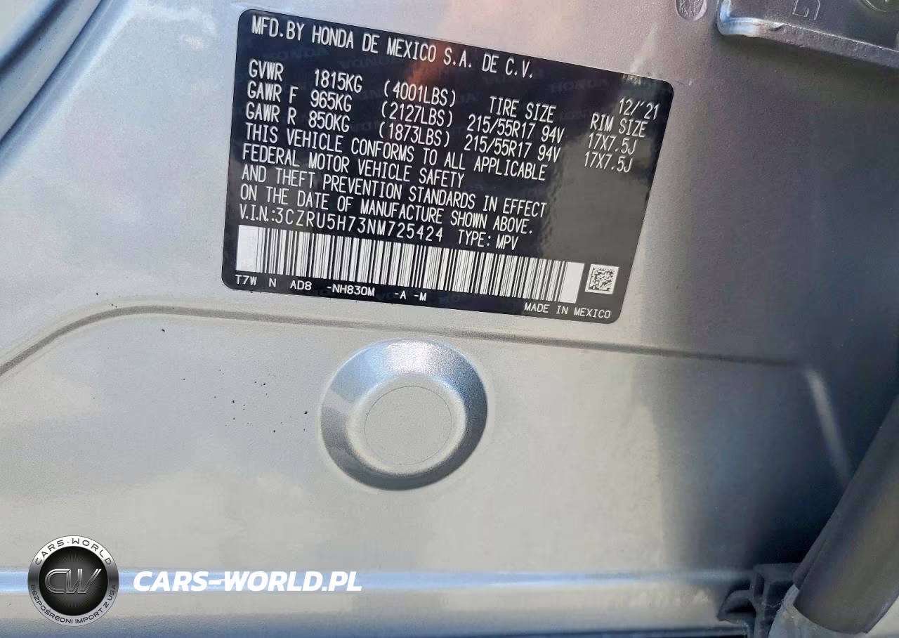 2022 Honda Hr-V Exl VIN:3CZRU5H73NM725424 - 12