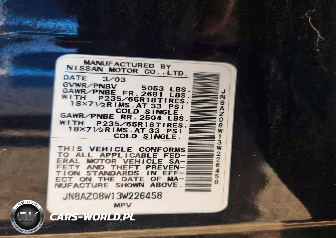 2003 Nissan Murano Sl VIN:JN8AZ08W13W226458 - 12