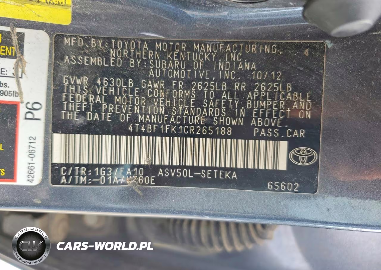 2012 Toyota Camry L VIN:4T4BF1FK1CR265188 - 12