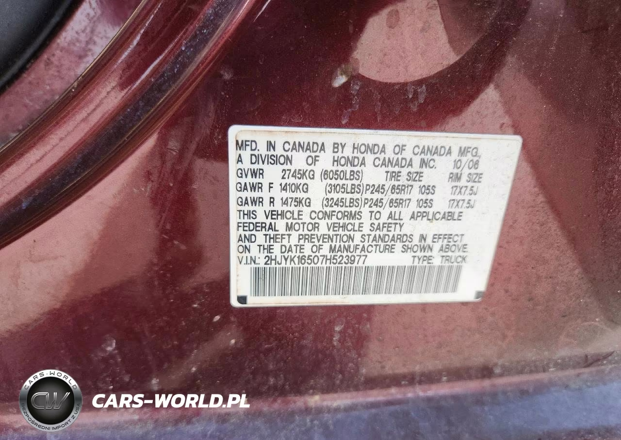 2007 Honda Ridgeline Rtl VIN:2HJYK16507H523977 - 12