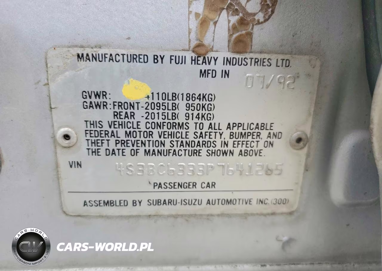 1993 Subaru Legacy L VIN:4S3BC6333P7641265 - 12