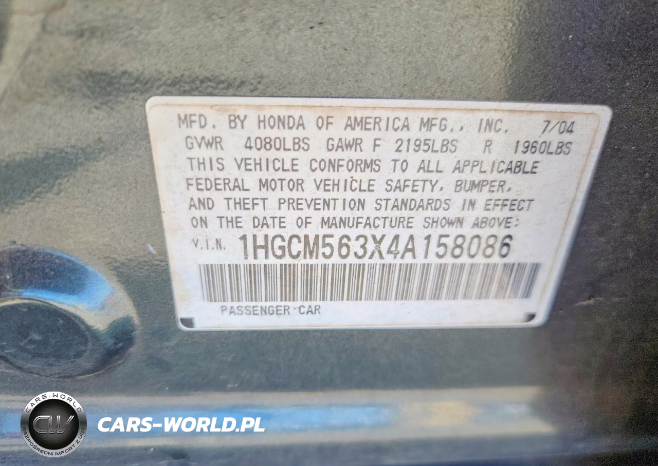 2004 Hond Accord VIN:1HGCM563X4A158086 - 12
