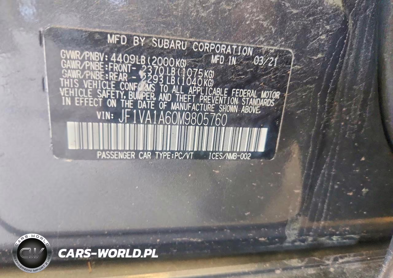 2021 Subaru Wrx VIN:JF1VA1A60M9805760 - 12