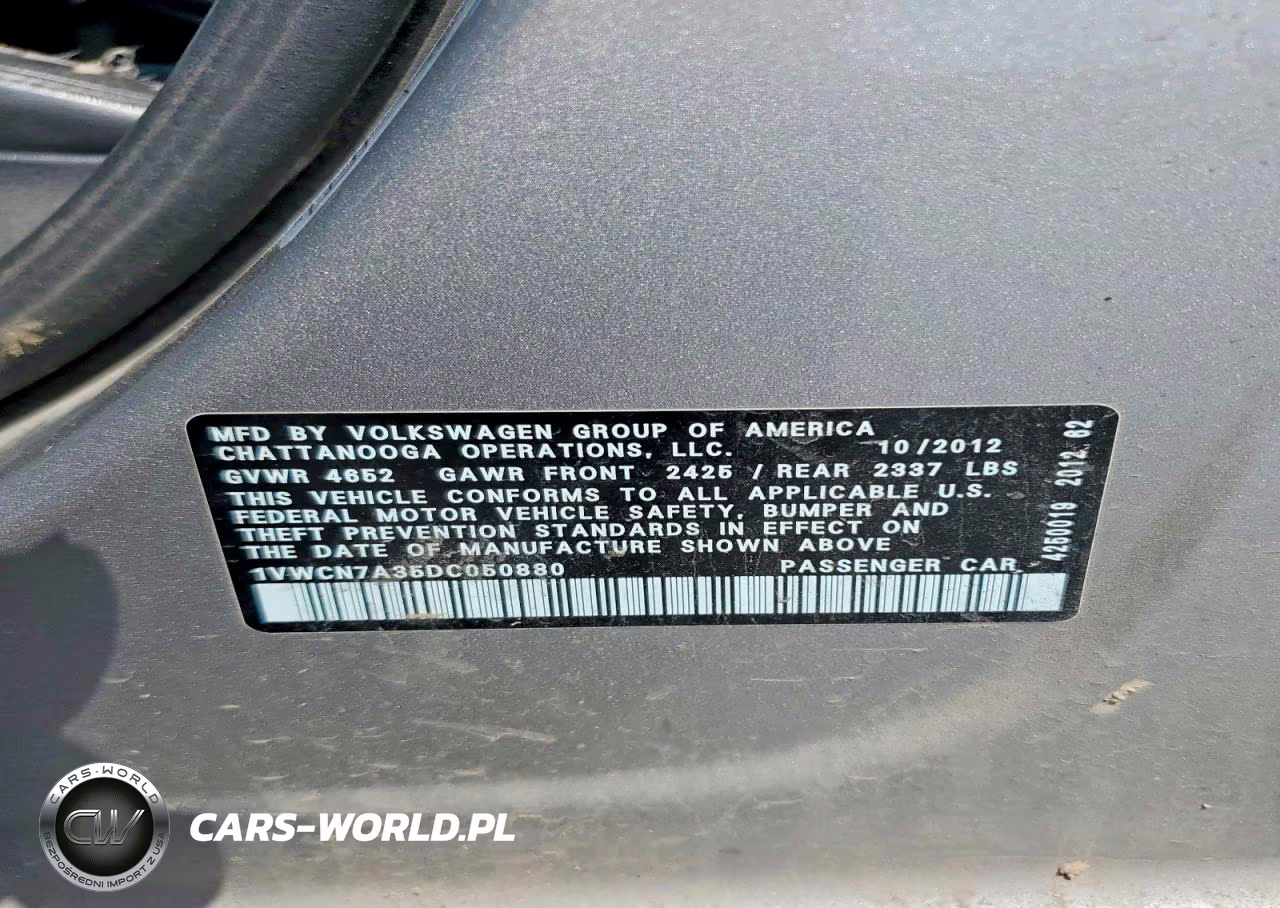 2013 Volkswagen Passat Sel VIN:1VWCN7A35DC050880 - 12