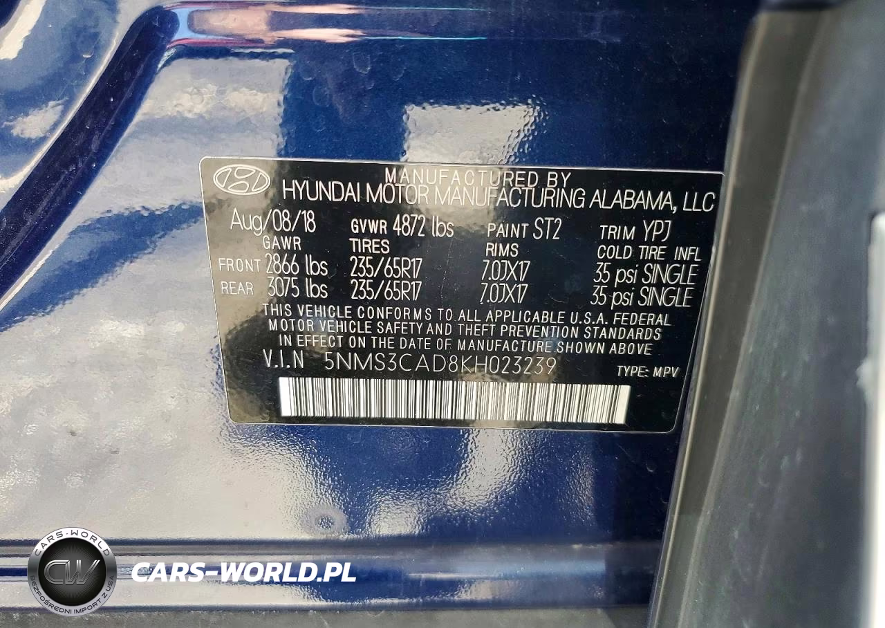 2019 Hyundai Santa Fe Sel 2.4L VIN:5NMS3CAD8KH023239 - 13