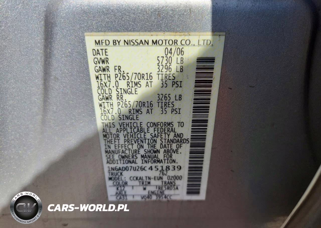 2006 Nissan Frontier Se VIN:1N6AD07U26C451839 - 12