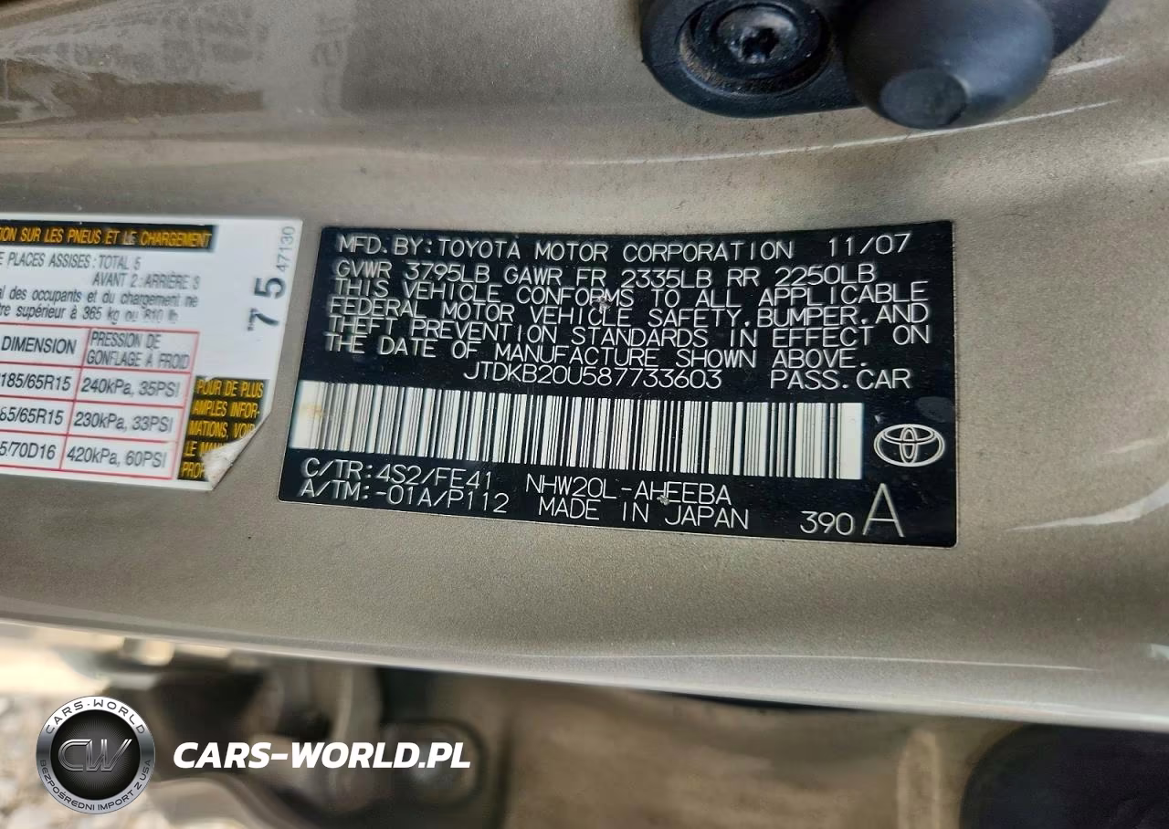 2008 Toyota Prius Base VIN:JTDKB20U587733603 - 12