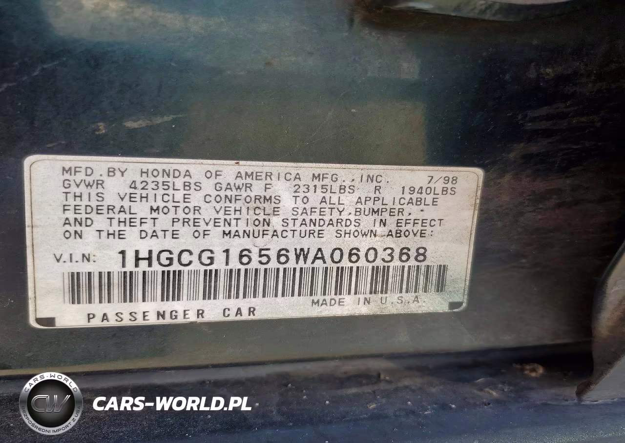 1998 Honda Accord Ex VIN:1HGCG1656WA060368 - 12