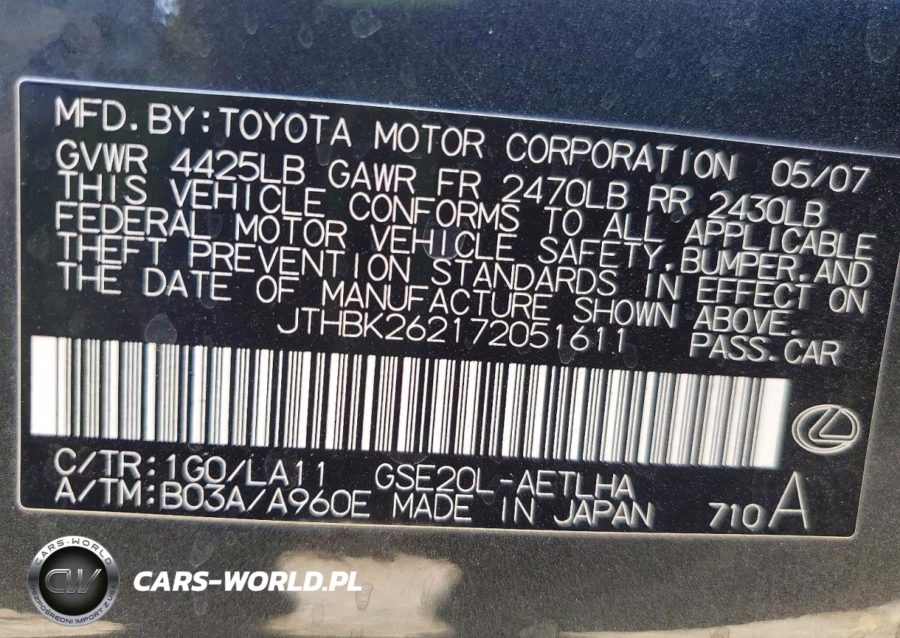 2007 Lexus Is 250 VIN:JTHBK262172051611 - 12