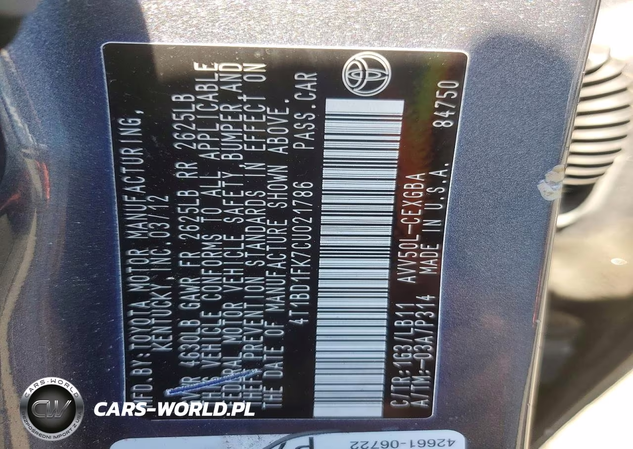 2012 Toyota Camry Hybrid Le VIN:4T1BD1FK7CU021786 - 12