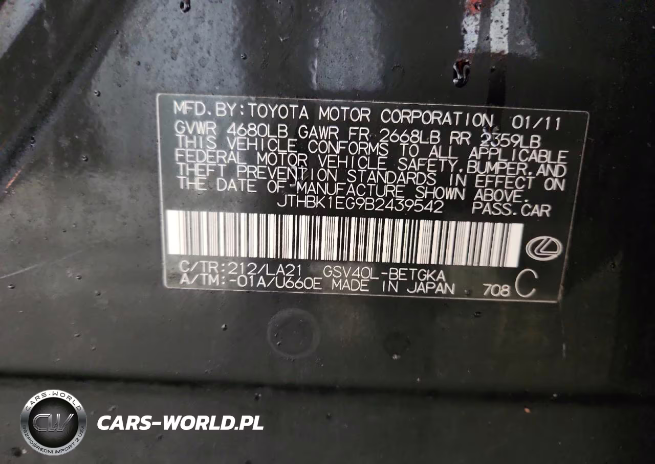 2011 Lexus Es 350 VIN:JTHBK1EG9B2439542 - 12