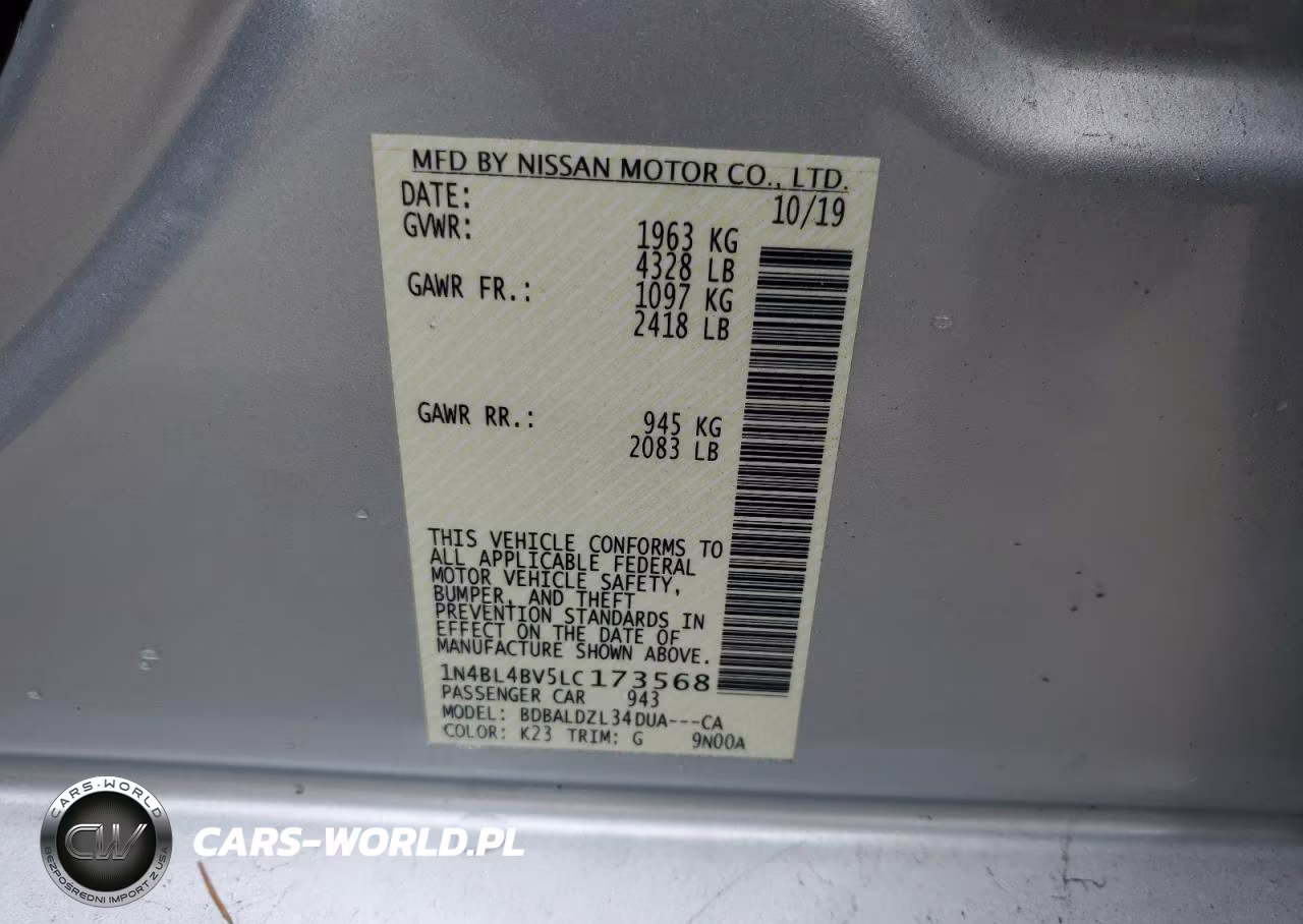 2020 Nissan Altima S VIN:1N4BL4BV5LC173568 - 12