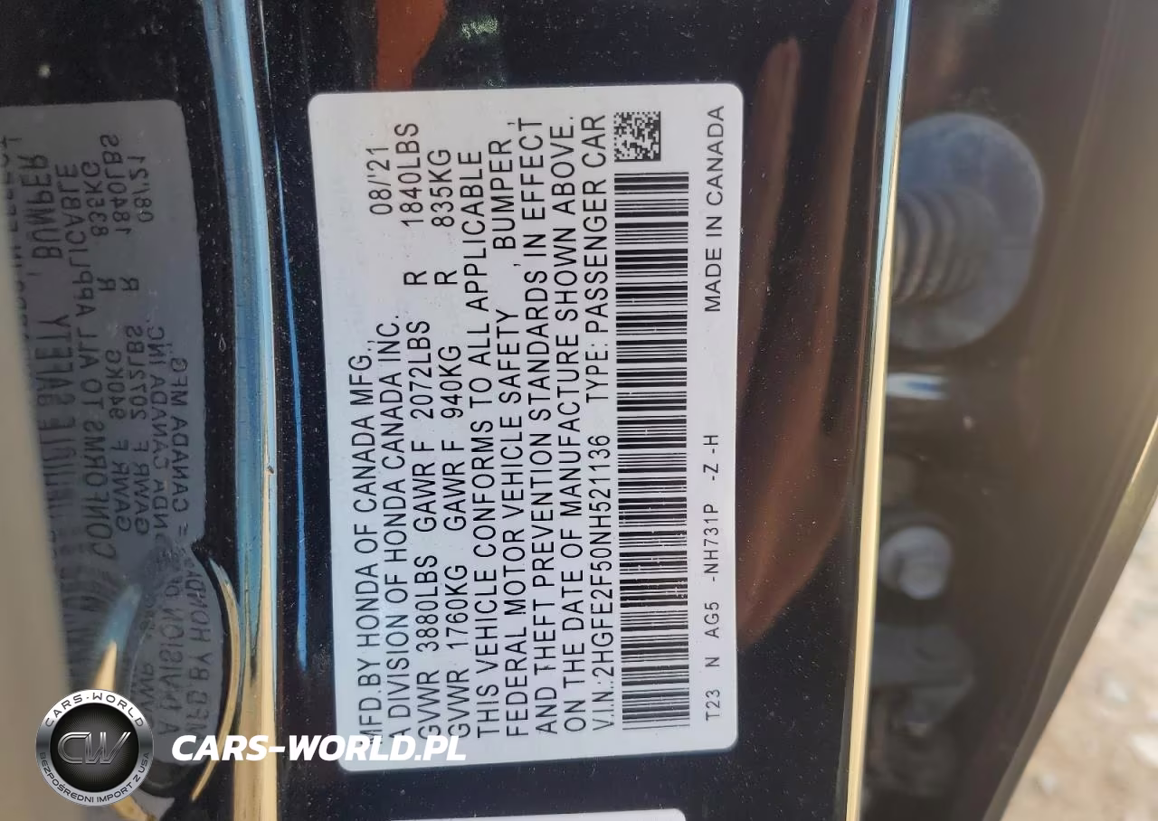 2022 Honda Civic Sport VIN:2HGFE2F50NH521136 - 12