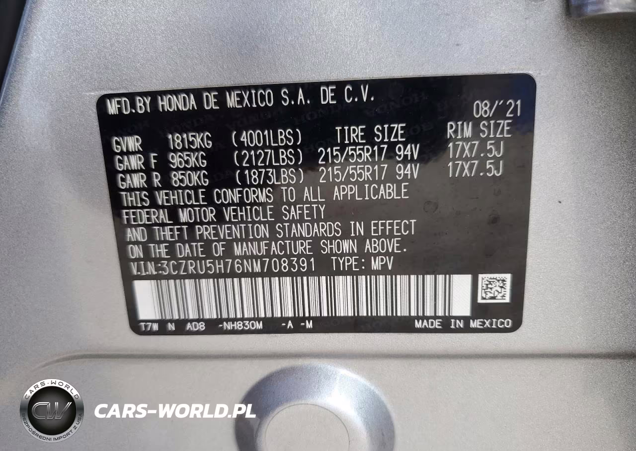2022 Honda Hr-V Exl VIN:3CZRU5H76NM708391 - 13
