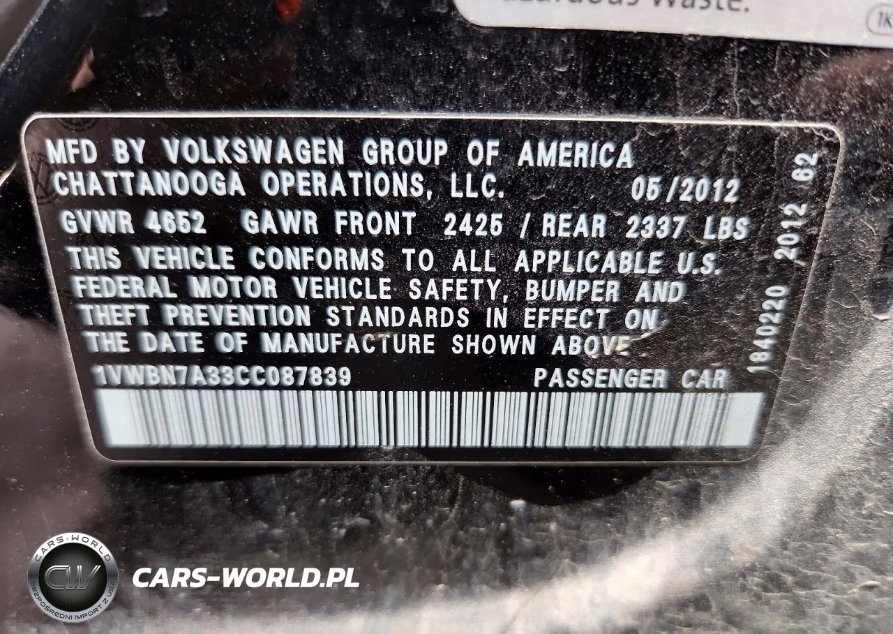 2012 Volkswagen Passat Se VIN:1VWBN7A33CC087839 - 12