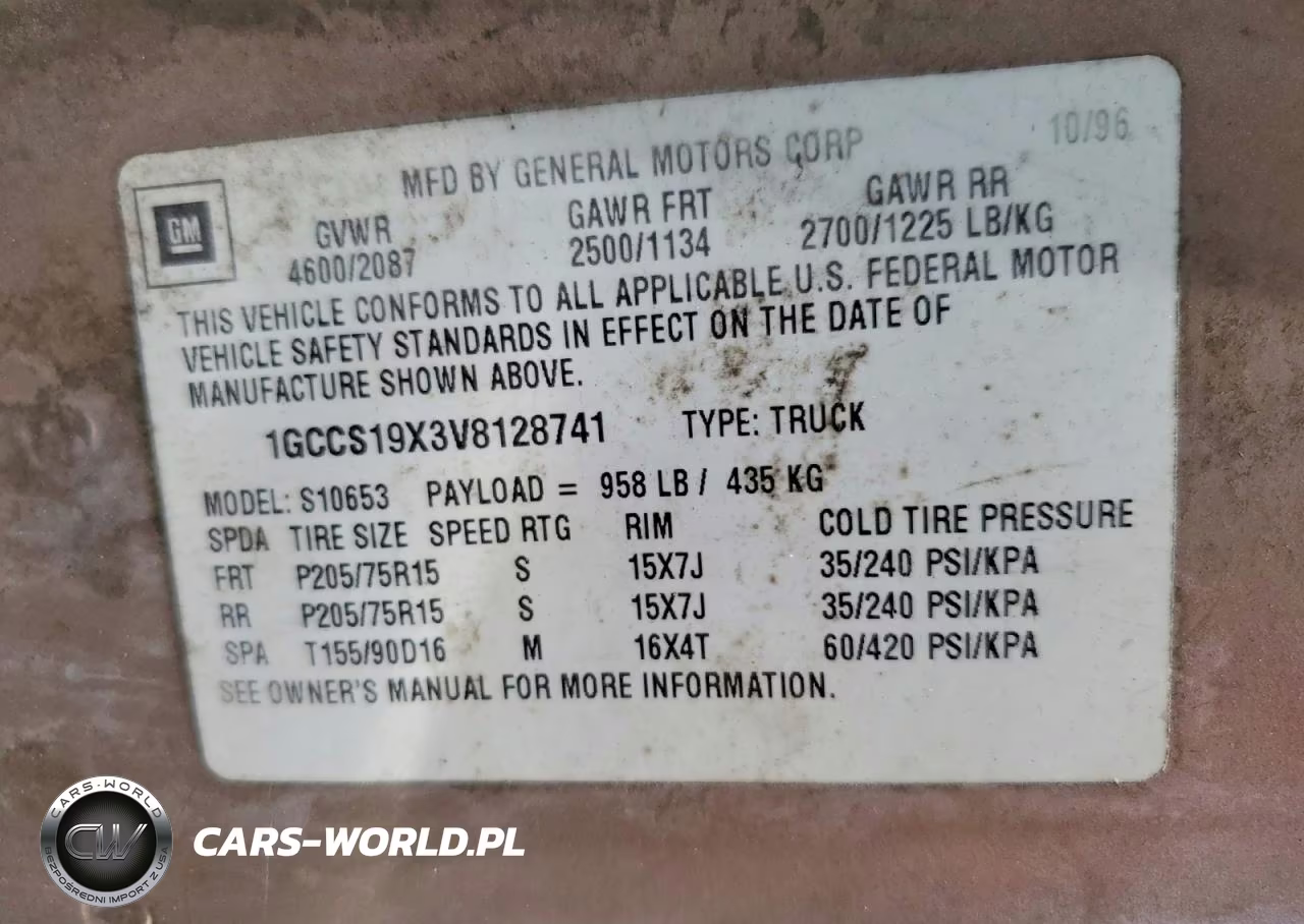 1997 Chevrolet S Truck S10 VIN:1GCCS19X3V8128741 - 12
