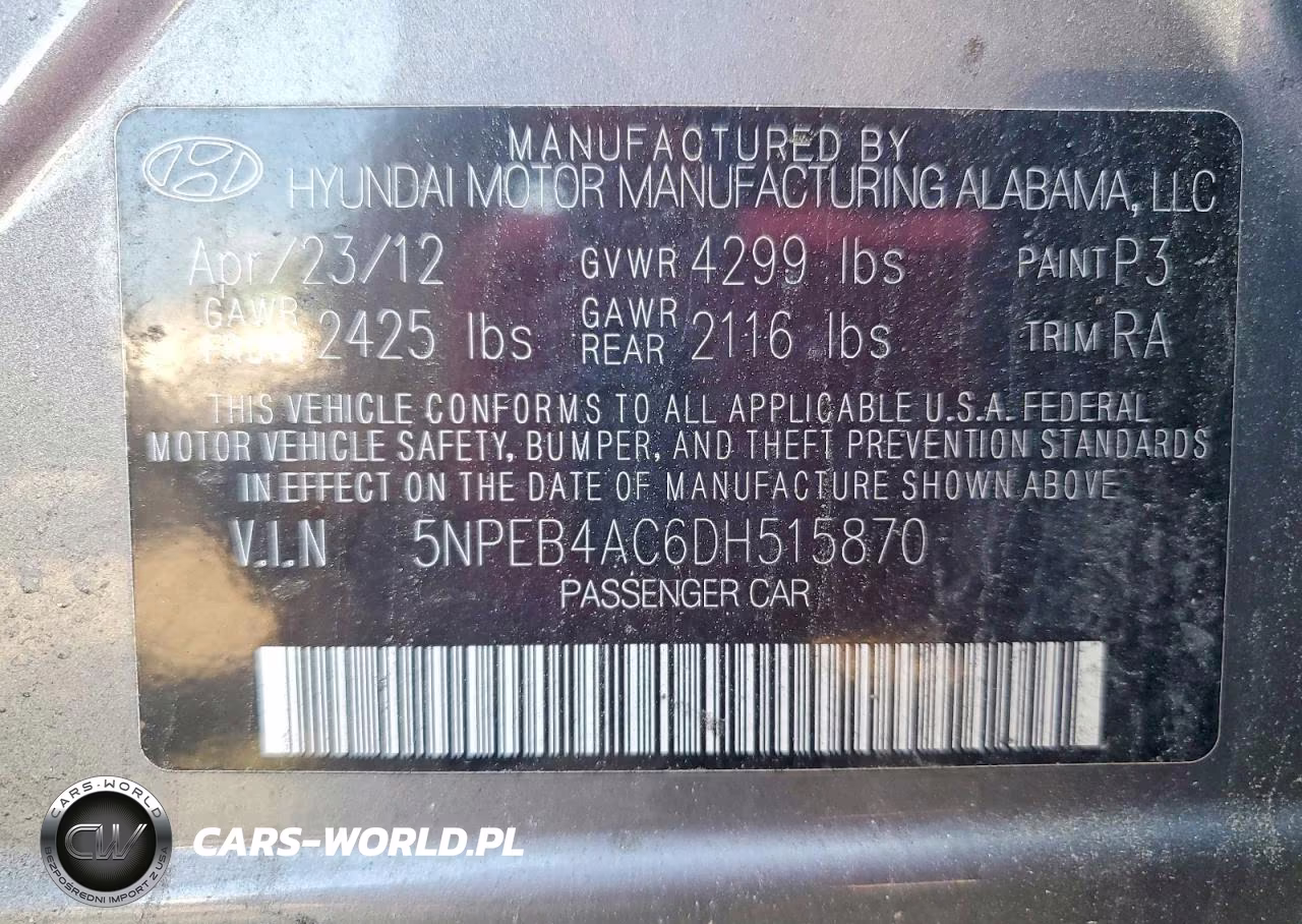 2013 Hyundai Sonata Gls VIN:5NPEB4AC6DH515870 - 12
