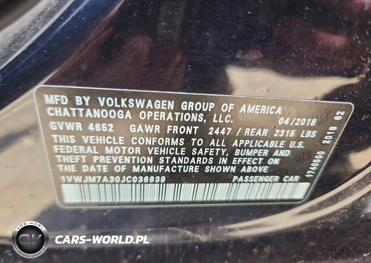 2018 Volkswagen Passat Gt VIN:1VWJM7A30JC036939 - 12