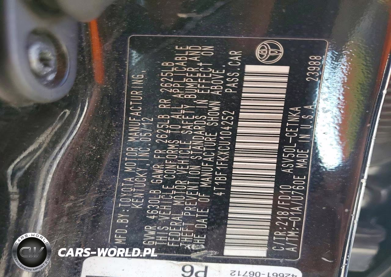 2012 Toyota Camry Le VIN:4T1BF1FKXCU104252 - 12