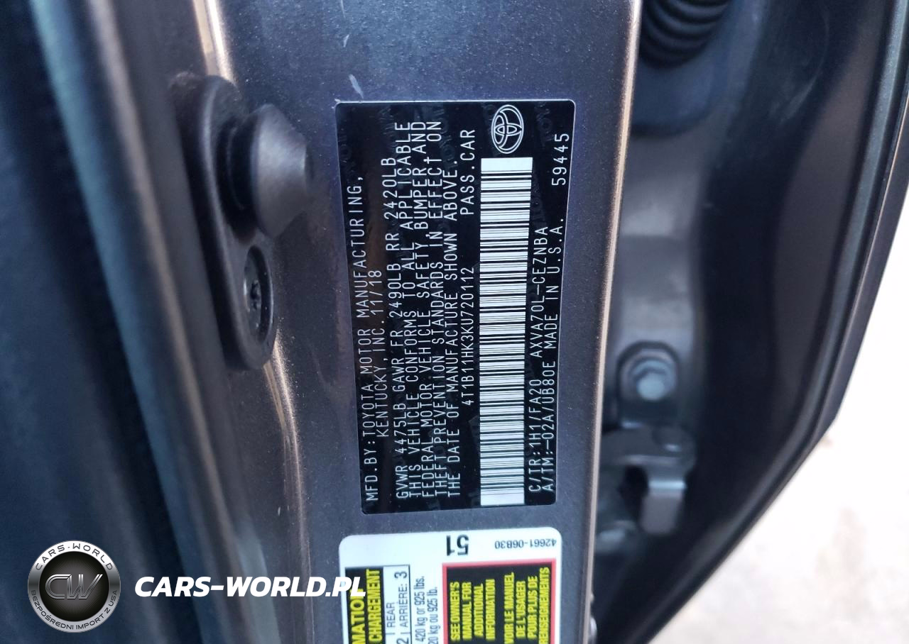 2019 Toyota Camry L VIN:4T1B11HK3KU720112 - 12