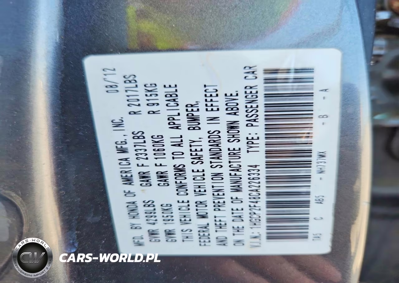 2012 Honda Accord Lxp VIN:1HGCP2F48CA226334 - 12